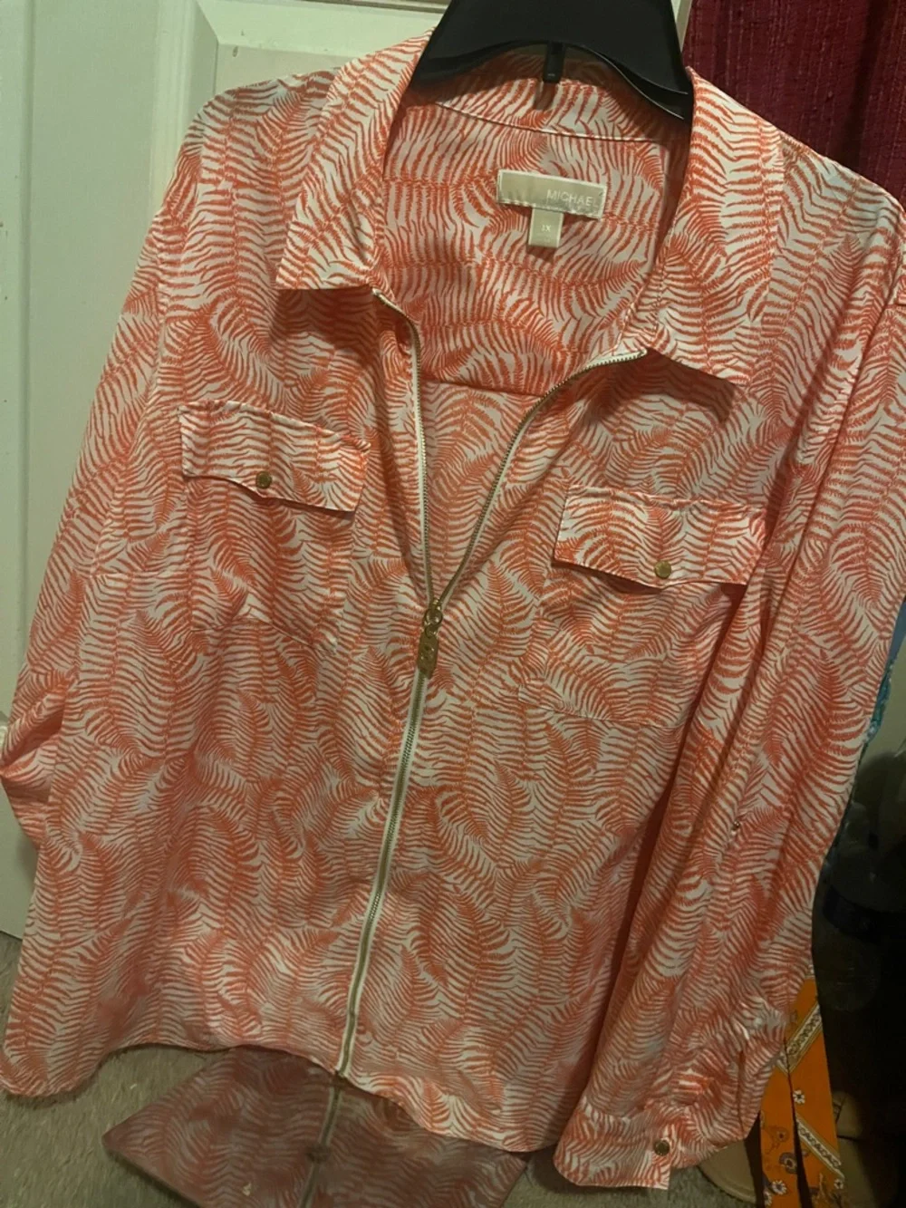 Michael Kors Coral & White Printed Zip-Front Blouse